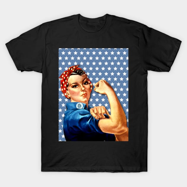 Rosie the Riveter- USA Starred on Blue background pattern Design T-Shirt by best-vibes-only